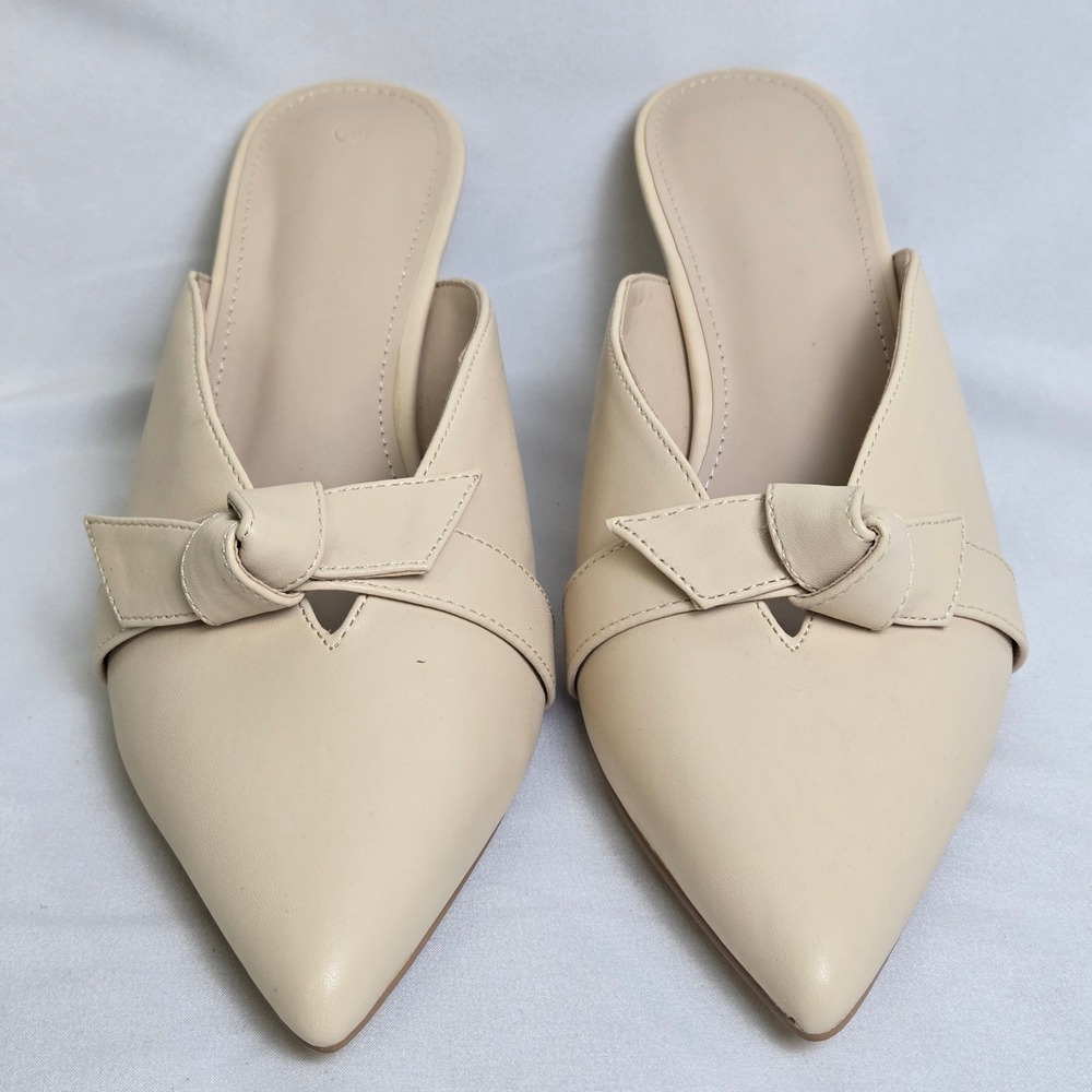Bow Knot Pointed Toe Kitten Heel Mules Cream Unbranded Neutral Women's Size 7.5 - Picture 2 of 15